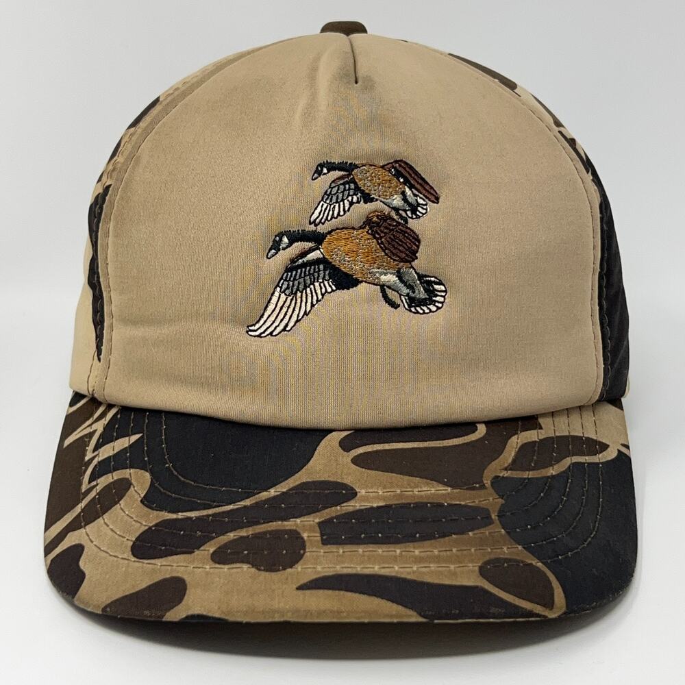 Vintage 80s Duck Bay Hunting Hat Baseball Cap Hunter Beige Camouflage Snapback